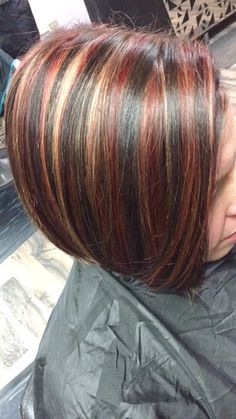 Medium Brown Hair With Red Highlights, Chunky Highlights Red, Burgundy Lowlights In Brown Hair, Chunky Red Highlights, Chunky Highlights For Brown Hair, Homecoming Inspo, Grey Brown Hair, Long Hair Older Women, Dark Auburn Hair