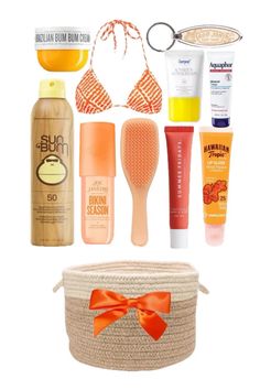 an assortment of sunscreens and body care products are arranged in the shape of a basket