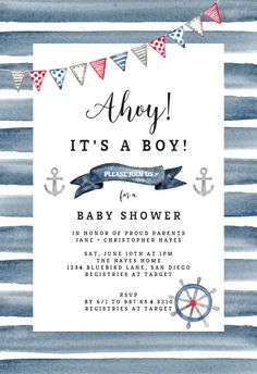 a baby shower is shown with an anchor and flags on the watercolor stripes, it's a boy