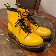 Yellow , Never Worn Dr. Martens Size W9 Yellow Fitted Casual Boots, Classic Yellow Boots With Round Toe, Classic Yellow Round Toe Boots, Classic Yellow Lace-up Boots, Yellow Doc Martens, Yellow Dr Martens, Shoes Yellow, Yellow Shoes, Dr Martens Shoes