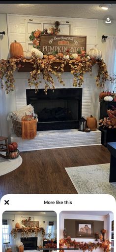 the fireplace is decorated for fall with pumpkins and other decorations on top of it