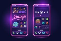 two cell phones with neon lights on them, one showing the time and the other saying good night