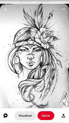 a drawing of a woman's face with feathers on her head and flowers in her hair