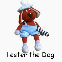 a teddy bear wearing an apron and hat with the words tester the dog on it