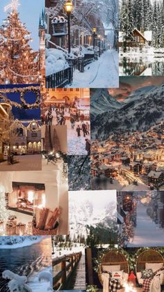 a collage of photos with people walking around in the snow, trees and buildings