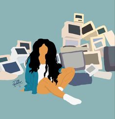 a woman sitting on the floor surrounded by electronics