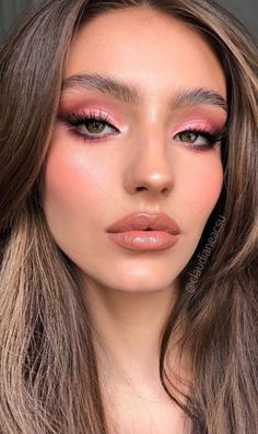 Pink Flushed Makeup, Brunette Barbie Makeup Look, Pink Glowy Makeup Looks, Makeup Hot Pink Dress, Rosy Pink Makeup Look, Pink Day Makeup, Makeup Looks For Wedding Guest Pink, Salmon Pink Makeup, Pink Rosy Makeup