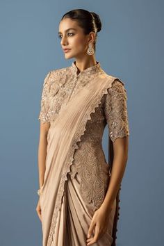 Beige pre-draped saree featuring floral and cutwork embroidery along the border. Paired with a collared neck blouse adorned with pearl, cutdana, and sequin details., Fit: Relaxed Draped Saree, Beige Blouse, Cutwork Embroidery, Drape Saree, Embroidery Floral, Cut Work, Embroidered Blouse, Floral Blouse, Aza Fashion