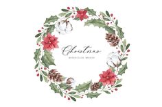 christmas wreath with poinsettis, holly and pine cones watercolor illustration on white background