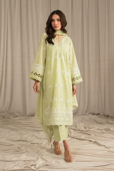 Brand: SaharProduct Code: S24-CK-L1-08Collection: Mirage by Sahar Unstitched Spring Summer Luxury CollectionFabric: Lawn DESIGN DETAILS: Chikankari Front on Lawn Lawn Back Panel Chikankari Sleeves (R\L) on Lawn Chikankari Voile Dupatta 2.5M Premium Dyed Trouser 2.0M DISCLAIMER:* Lining, Laces, and Tassels are not included in unstitched variants.* Embellishment items in stitched outfits are subject to market availability.* Product color may vary due to photographic lighting or your device settings. CARE INSTRUCTIONS: Extra Fabric Has Been Used For Shoot Original Color May Vary Slightly From The Picture Dry Clean Recommended Iron The Clothes At Moderate Temperature Do Not Use Bleach, Or Stain Removing Chemicals Damp Fabric Should Not Be Exposed To Sunlight Mirage by Sahar Unstitched Spring S Pakistani Chikankari Suits, Lawn Design, Chikankari Suits, Summer Luxury, Simple Pakistani Dresses, Lawn Suits, Suit Designs, Pakistani Outfits, Kurta Designs