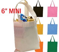 six mini totes are shown with each bag in different colors and sizes, including one for