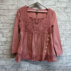 Just Fashion Now Pink Lace Embroidered Top Women’s Small Long Sleeve Flare Nwt Chest 19” Length 28” New With Tags! Long Sleeve Cotton Blouse With Lace Patchwork, Lace Tops With Floral Embroidery For Fall, Floral Embroidery Lace Tops For Fall, Fall Cotton Top With Lace Patchwork, Cotton Lace Patchwork Tops For Fall, Cotton Tops With Lace Patchwork For Fall, Fall Lace Patchwork Cotton Tops, Fall Cotton Blouse With Lace Patchwork, Lace Peplum Blouse