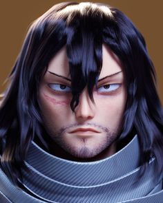 an evil looking man with red eyes and long black hair