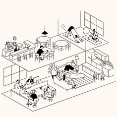 a black and white line drawing of people in an office with one person sitting at a desk