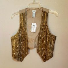 Women's Vest With Gold Metal Studs - New!! Size 4 Shoulder To Bottom Length 15" Casual Fitted Party Vest, Fitted Embellished Vest, Embellished Gold Outerwear For Spring, Spring Embellished Gold Outerwear, Gold Embellished Outerwear For Spring, Casual Fitted Gold Outerwear, Trendy Fitted Gold Outerwear, Gold Fitted Casual Outerwear, Sequined Fitted Vest For Spring