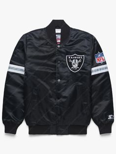 NFL Las Vegas Raiders Black Satin Bomber Jacket Baseball Jacket Outfit, Colorful Jacket, Trendy Spring Outfits, Knitted Collar, Satin Jacket, Las Vegas Raiders, Jacket Outfit, Satin Jackets, Baseball Jacket