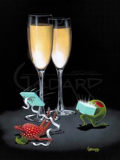 two glasses of champagne and an ornament on a black background with the caption's name