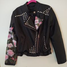 Hand-Painted 'Leather' Jacket With Flowers, Dragonfly & Studs. Painted Leather Jacket, Hand Painted Leather, Custom Hand Painted, Faux Leather Jacket, Faux Leather Jackets, Jackets & Coats, Faux Leather, Womens Sizes, Jackets For Women