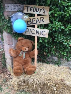 a teddy bear sitting next to a sign that says teddy's bear picnic