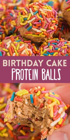 birthday cake protein balls with sprinkles and chocolate frosting are the perfect treat for