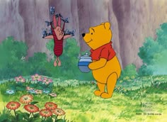 winnie the pooh and tigger in front of some trees with flowers on them