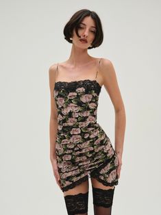 Fallen Rose Mini Dress — Multi Fitted Ruched Floral Mini Dress, Fitted Floral Mini Dress With Ruched Details, Fitted Mini Floral Dress With Rose Print, Mini Dress With Rose Print For Date Night, Rose Print Mini Dress For Date Night, Date Night Mini Dress With Rose Print, Fitted Mini Dress With Rose Print, Floral Lace Mini Dress For Date Night, Feminine Mini Floral Dress With Rose Print