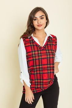 Red Plaid VestVest only button top not included Made In: United StatesFabric Contents: 95% Polyester 5% Spandex Plus Size Dressy, Plaid Sweater Vest, Vest Layering, Plaid Cardigan, Plaid Vest, Plaid Sweater, Hooded Cardigan, Vest Outfits, Sweater Blouse