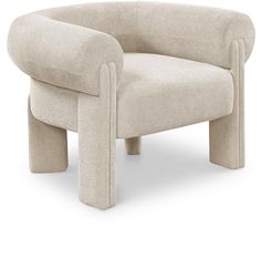 an upholstered chair with two legs and a curved seat, on a white background