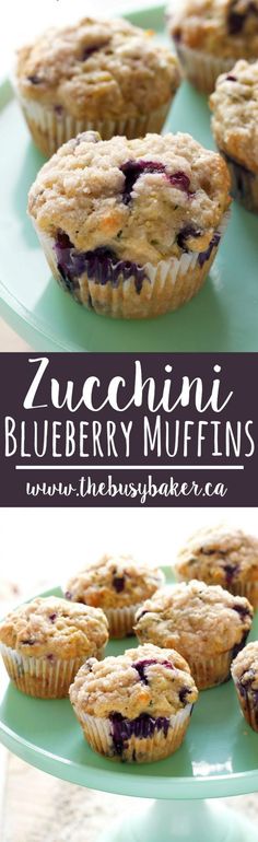 blueberry muffins on a green plate with text overlay