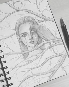 a pencil drawing of a woman with a bird on her shoulder and tree branches in the background