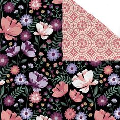 two pieces of fabric with flowers and leaves on them, one in pink and the other in purple