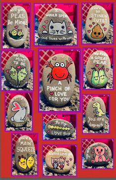 some rocks with different designs on them and the words punch of love for you written on them