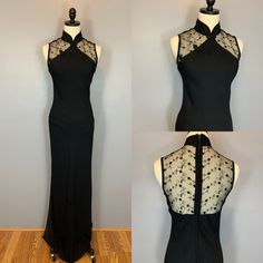 Vintage 1980s black cheongsam dress with embroidered sheer mesh shoulders and back. Black rayon acetate blend Maxi dress. Fully lined skirt. Slits up each side. Zips up the back. Micro mesh shoulder and back embroidered in a floral design. Mandarin collar. Frog closure details at the chest that don't open. Good condition. There is some dark spotting at the bust that can be seen in photos. No other noted flaws. Tagged size Medium. Runs a little small. Laid flat and measured. Neck - 7 inches Shoul Micro Dress, Black Cheongsam, Frog Closure, Cheongsam Dress, Lined Skirt, Drawing Clothes, Cheongsam, Mandarin Collar, Wedding Plans