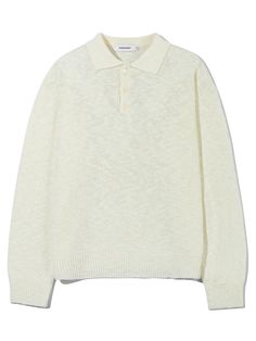 This is classic polo style sweater knitted from slub boucle yarn with loose structure and solid weight. It's finished neatly with full linking stitch and TR mother of pearl buttons.- Collared neck- Half placket wiht button fastenings- Ribbed cuffs and hem- Linking stitching finish- Semi-oversized fit Classic Cream Polo Sweater, Classic White Knit Polo Sweater, White Collared Sweater With Buttons, Boucle Yarn, Polo Style, Style Sweater, Polo Sweater, Mother Of Pearl Buttons, Pearl Buttons