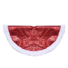 a red and white watermelon shaped pillow with fur trimmings on it