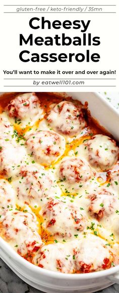 cheesy meatballs casserole in a white dish with text overlay