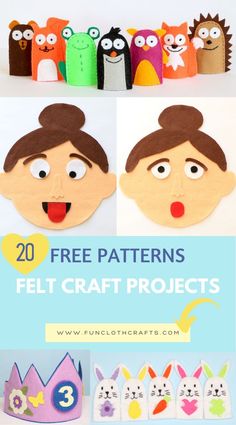 some paper crafts that are made to look like children's faces and the words, 20 free patterns for felt craft projects