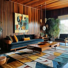 a living room with wood paneling and colorful rugs on the floor next to couches