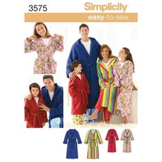 Unisex robe with hood suitable for the whole family can be made in cotton, flannel, terry cloth or for extra warmth fleece. Not suitable for sleepwear. NOTE: if used as sleepwear, use fabrics and trims that meet the flammability standards set by the U.S. Government. Listing is for a sewing pattern, not a completed item. Pattern is Uncut and Factory Folded.  The envelope has light shelf wear. SHIPPING:  Shipping charges will apply to the first pattern purchased.  Any additional patterns purchased on the same invoice will ship for free.  The cart will reflect a flat shipping rate. Hooded Robe Pattern Free Sewing, Kid Robe Pattern Free, Robe With Hood Pattern, Baby Bath Robe Pattern Free Sewing, Childrens Robe Patterns, Robe With Hood, Bath Robe Kids, Light Shelf, Simplicity Sewing