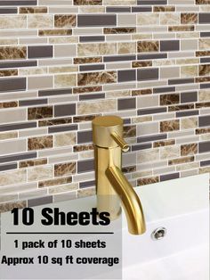 a bathtub with gold faucet next to a tiled wall and the words 10 sheets pack of 10 sheets