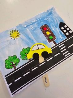 a drawing of a yellow car on the road with trees and buildings in the background