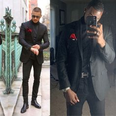 Suits Men Red Tie, All Black With Red Tie, Turtle Neck Wedding Outfit Men, Black And Red Tuxedo For Men, Black Tie Guest Men, All Black Suit With Turtleneck Men, Red And Black Prom Outfit Men, Black Suit Red Accents Men, Black And Red Men Outfit