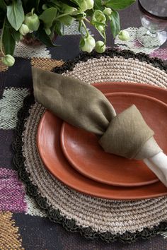 an orange plate with two napkins on it and a green plant in the background