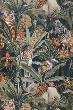 an animal themed wallpaper with zebras, tigers and tropical plants on a blue background