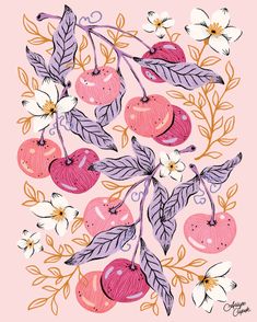 an illustration of cherries and flowers on a pink background