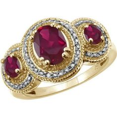 A VIBRANT ACCENT PIECE THAT GLOWS FROM WITHIN Made with real Ruby Gemstones, White Diamonds & 14K Gold Plated Silver Unlike cheaply made gemstone rings for women that turn out to be fake, with dull, flat-looking faux stones, the JewelersClub Ruby Ring features a genuine 2.30 carat Ruby stone flanked by real White Diamond clusters. Crafted with care and expert workmanship and set in a hypoallergenic, 14K Gold Plated Silver band, this gorgeous Red Oval ring is durably made with premium materials t Gold Ruby Ring With Three Stones, Oval Shaped, Gold Oval Ruby Ring With Three Stones, Ruby Rings With Diamond Accents, Gold Oval Ruby Ring With Diamond Accents, Round Ruby Rings With Diamond Accents, Oval Ruby Ring With Diamond Accents In 14k Gold, Classic Gold Ruby Ring With Three Stones, Classic Gold Ruby Ring With Accent Stones, Classic Ruby Rings With Diamond Accents