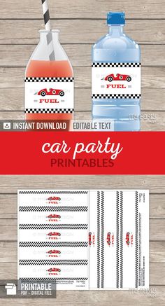 the printable race car party package includes two water bottles, a drink bottle and an empty