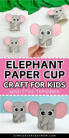 the elephant paper cup craft for kids is shown with instructions to make it and then cut out