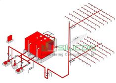 an image of a red box with pipes and wires attached to it on a white background