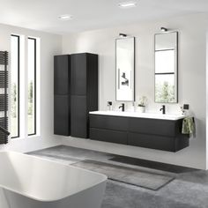 a modern bathroom with two sinks and a bathtub